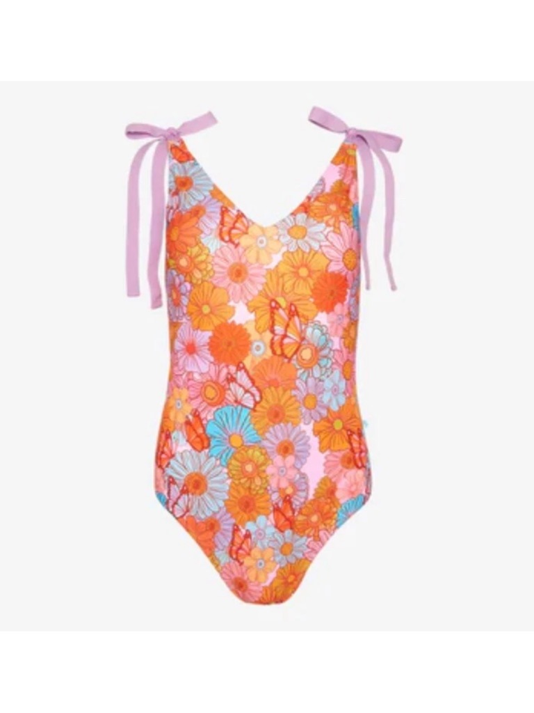 Posh Peanut Floral Tie-Shoulder One-Piece Swimsuit - Pink, Orange, Blue